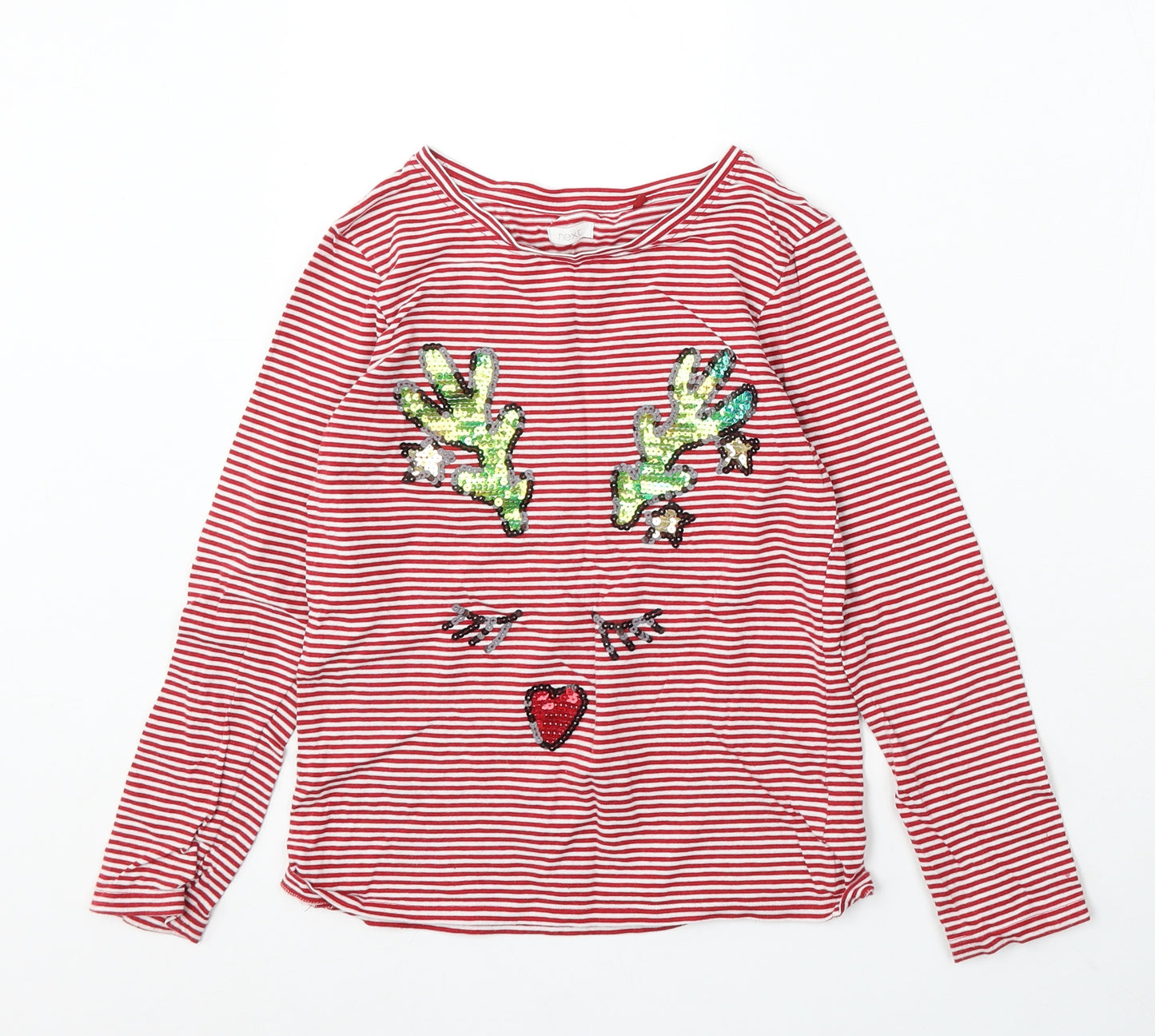 NEXT Girls Red Striped Cotton Basic T-Shirt Size 10 Years Round Neck - christmas