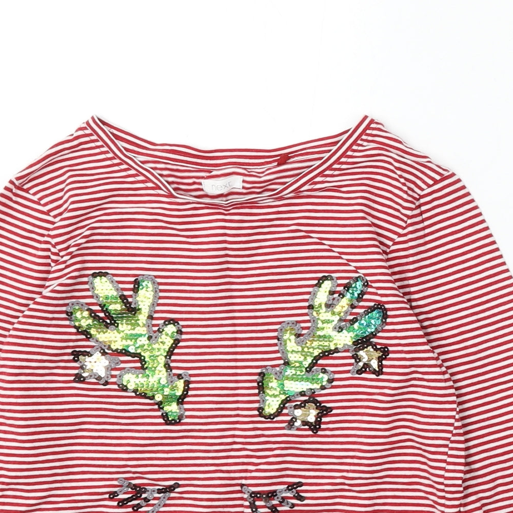 NEXT Girls Red Striped Cotton Basic T-Shirt Size 10 Years Round Neck - christmas