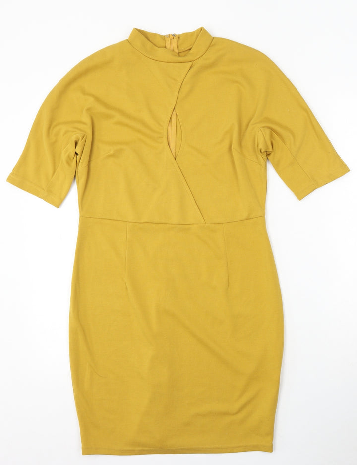 Preworn Womens Yellow Polyester Bodycon Size M Round Neck Zip
