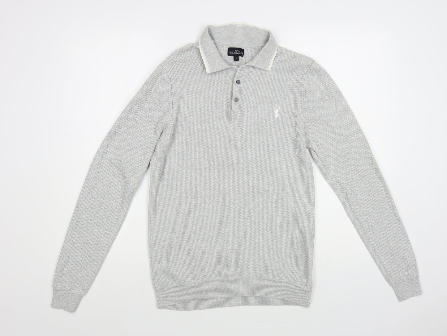 NEXT Mens Grey Cotton Polo Size S Collared Button