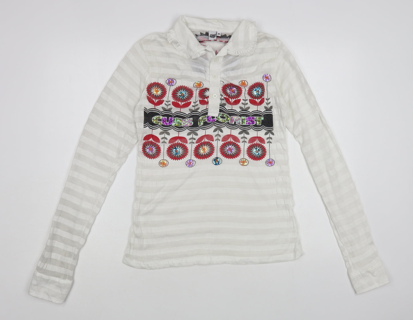 Cuss Womens White Striped Polyester Basic Blouse Size M Collared