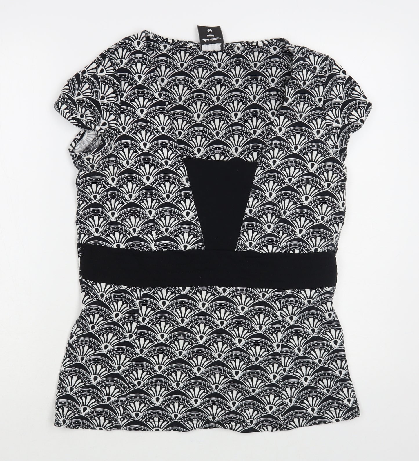 NEXT Womens Black Geometric Cotton Basic T-Shirt Size 16 Square Neck