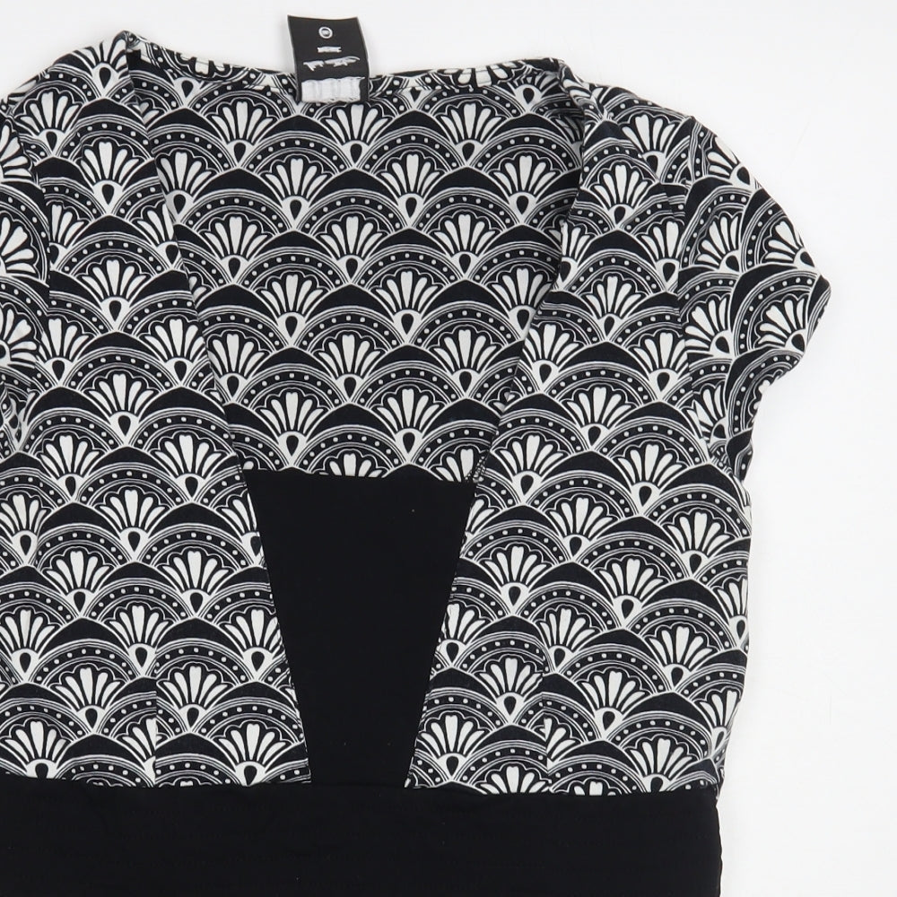 NEXT Womens Black Geometric Cotton Basic T-Shirt Size 16 Square Neck