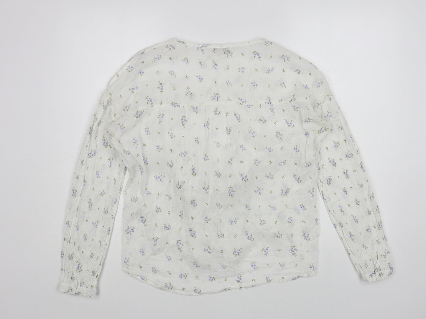 NEXT Womens White Floral Cotton Basic Blouse Size 8 Round Neck