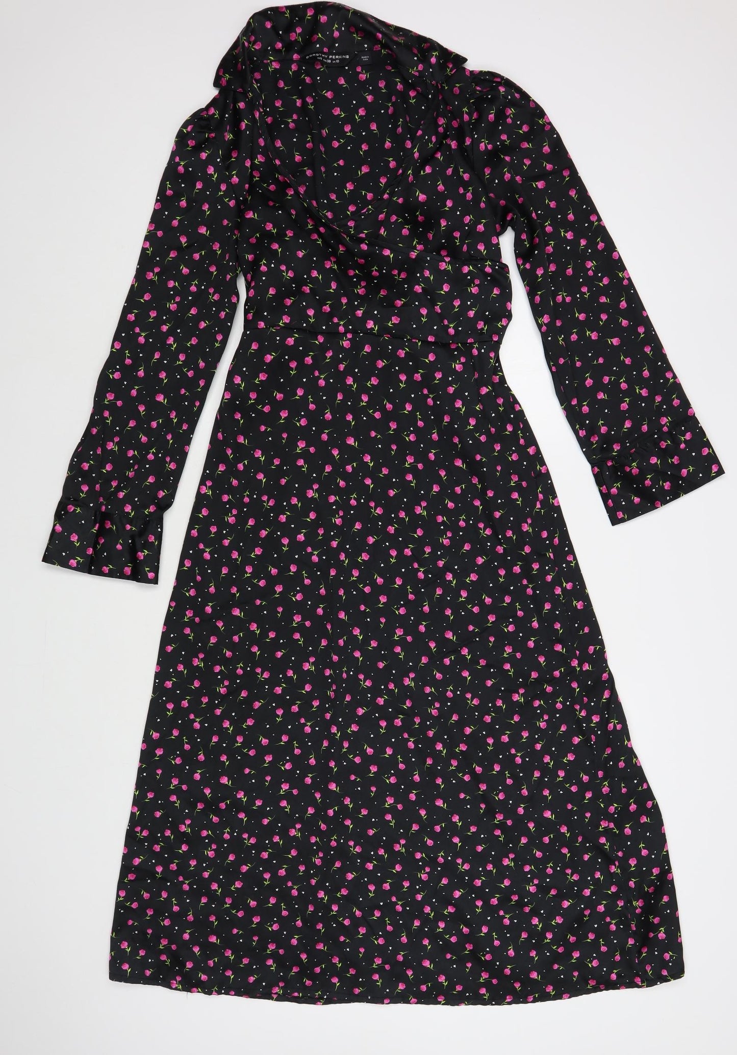 Dorothy Perkins Womens Black Floral Polyester Wrap Dress Size 10 Collared Tie
