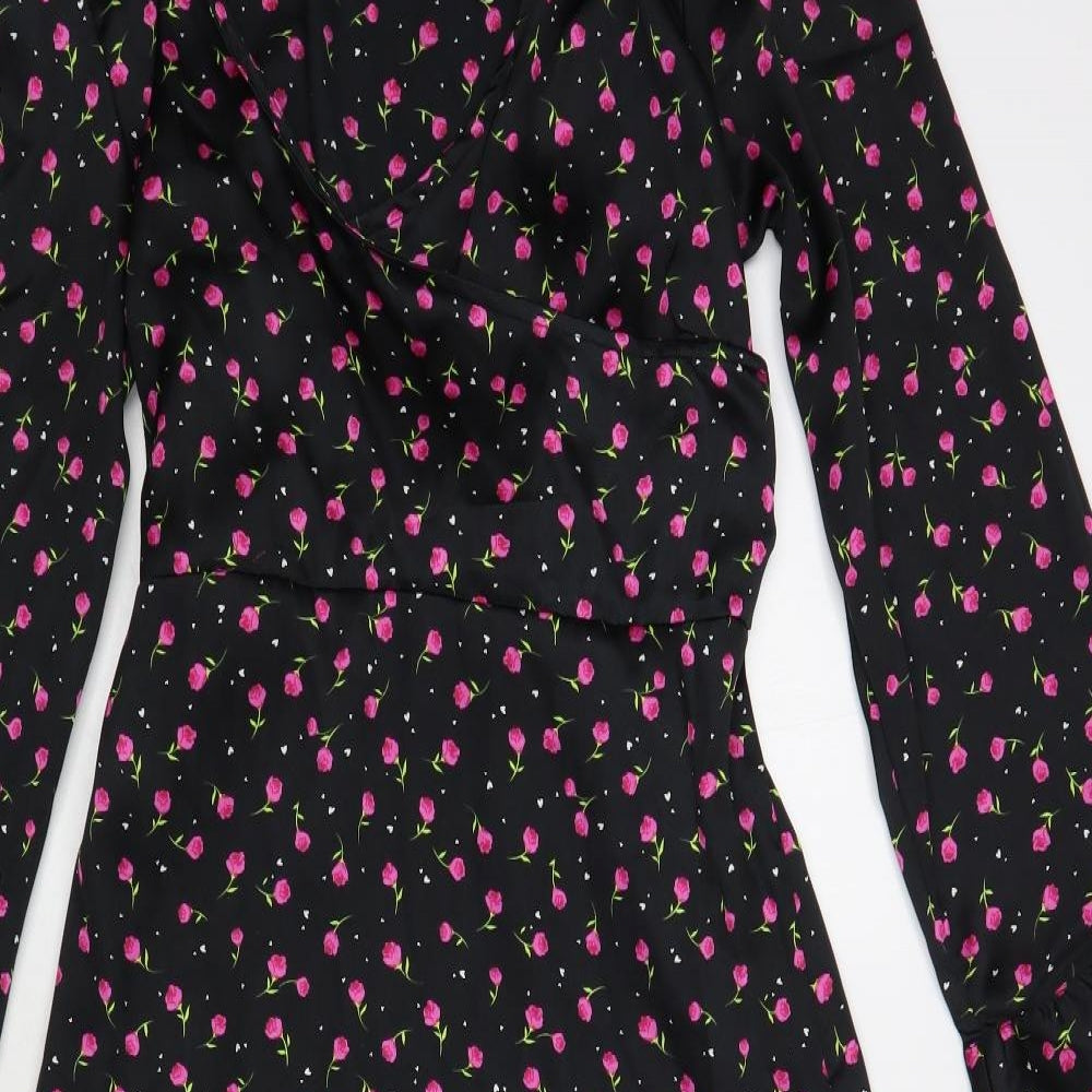 Dorothy Perkins Womens Black Floral Polyester Wrap Dress Size 10 Collared Tie
