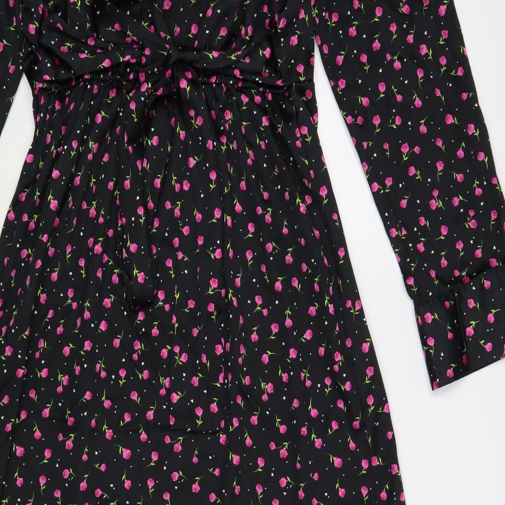 Dorothy Perkins Womens Black Floral Polyester Wrap Dress Size 10 Collared Tie