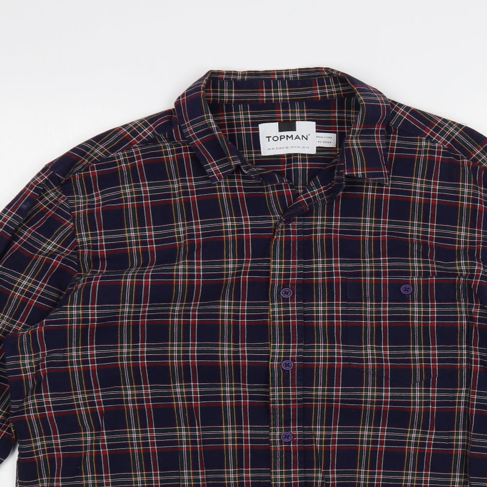 Topman Mens Blue Plaid Cotton Button-Up Size M Collared Button