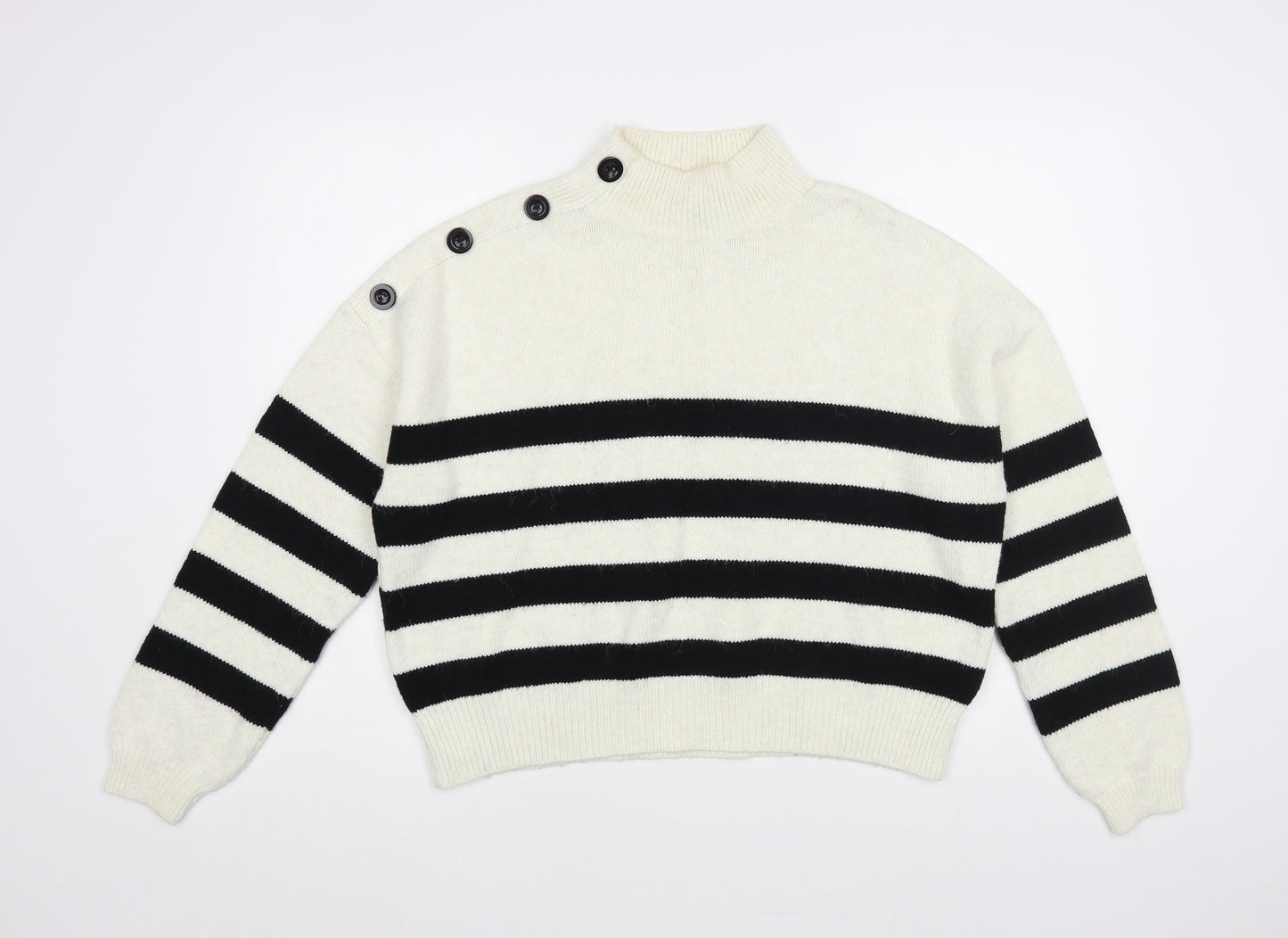 Primark Womens White High Neck Striped Acrylic Pullover Jumper Size 10