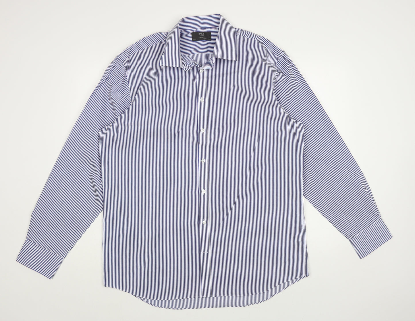 Marks and Spencer Mens Blue Striped Polyester Dress Shirt Size 16.5 Collared Button