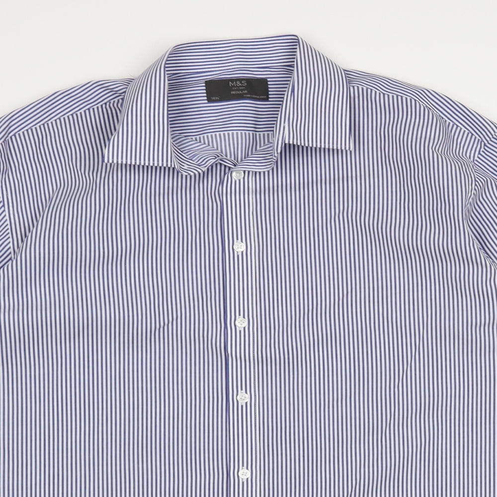 Marks and Spencer Mens Blue Striped Polyester Dress Shirt Size 16.5 Collared Button