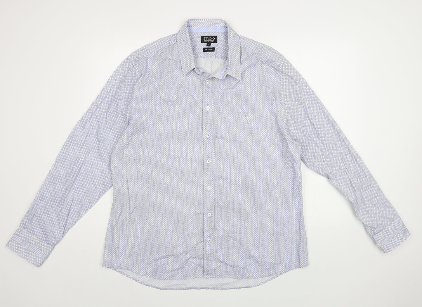 Jeff Banks Mens Blue Geometric Cotton Dress Shirt Size 17 Collared Button