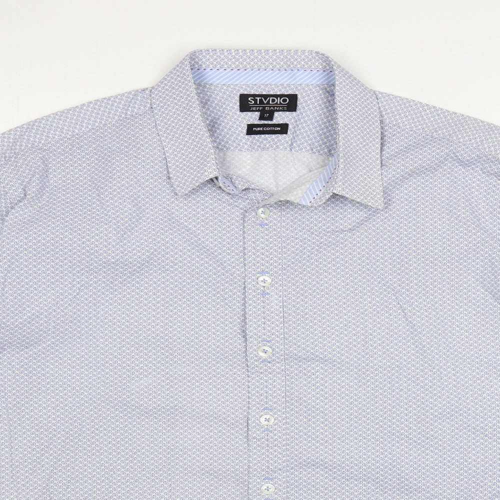 Jeff Banks Mens Blue Geometric Cotton Dress Shirt Size 17 Collared Button