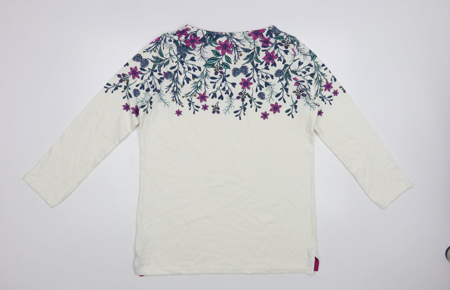 Isle Womens White Round Neck Floral Cotton Pullover Jumper Size 14