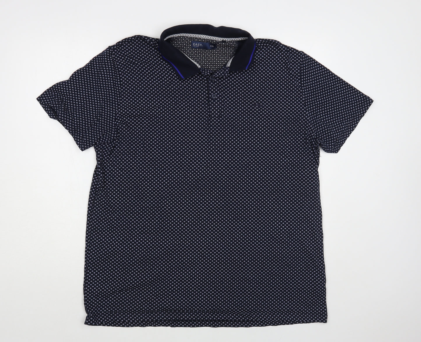 Easy Mens Blue Geometric Cotton Polo Size 2XL Collared Button