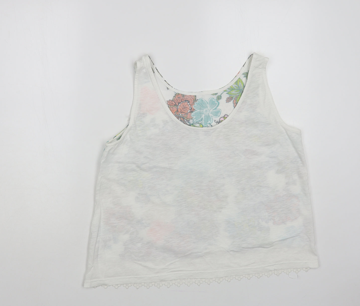 NEXT Womens White Floral Cotton Basic Tank Size 14 Scoop Neck - Lace Detail
