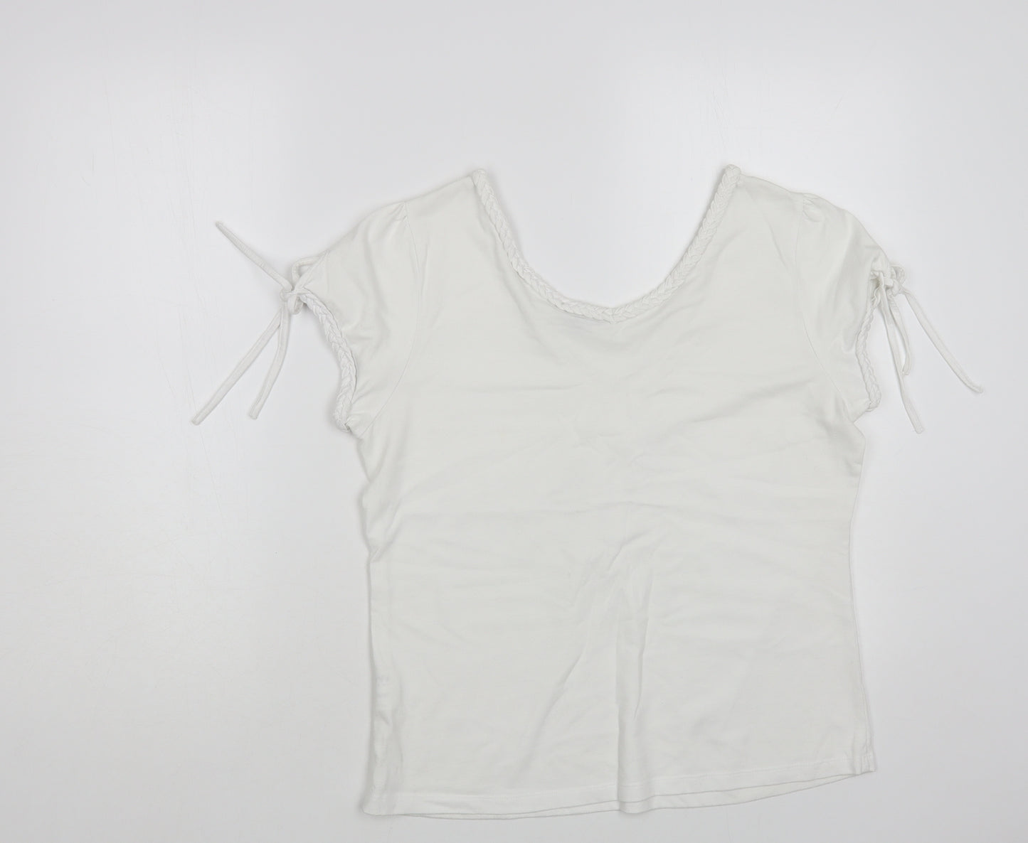 Per Una Womens White Cotton Basic T-Shirt Size 16 V-Neck - Braided Trim