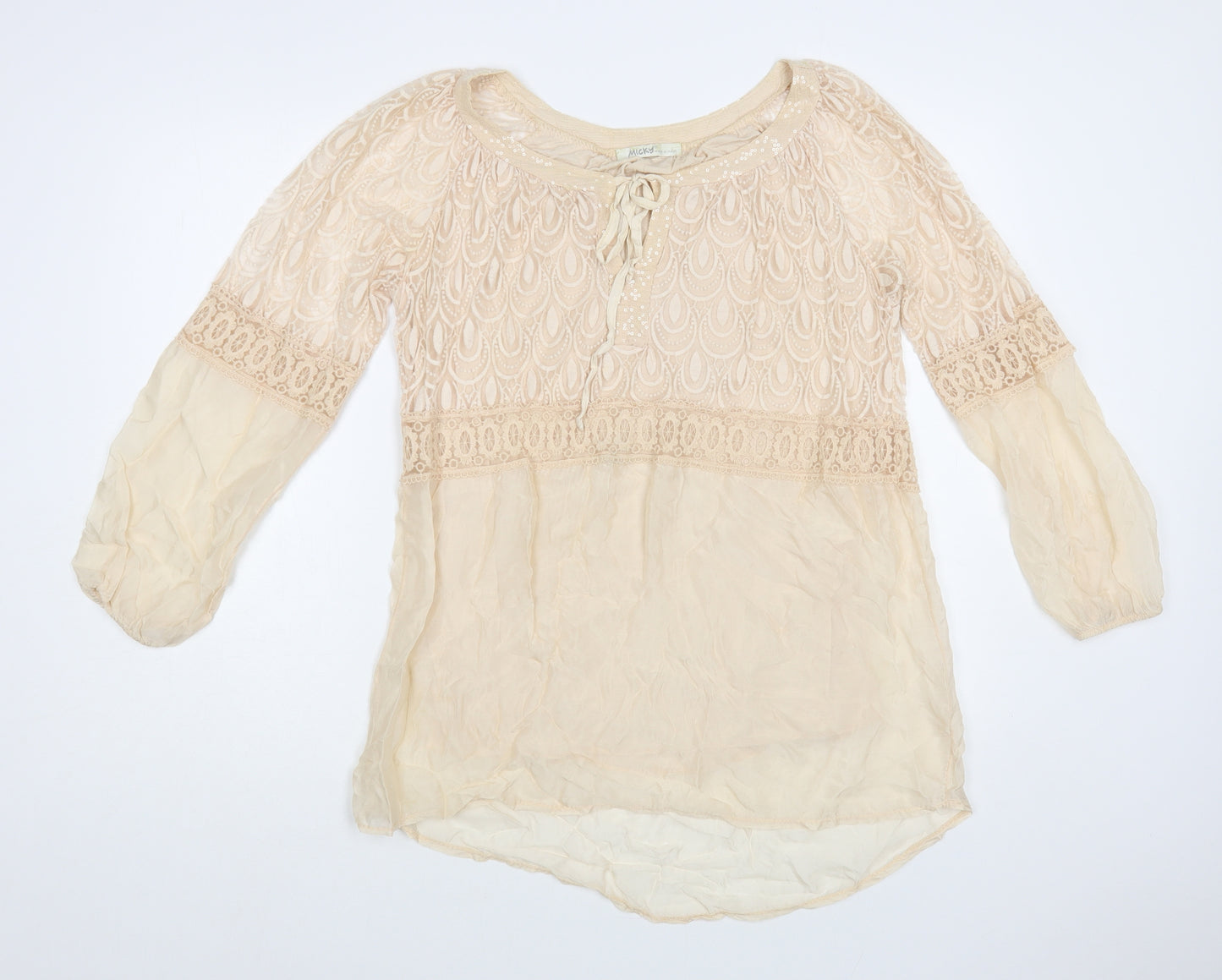 Micky Womens Pink Geometric Silk Basic Blouse Size L Boat Neck - Lace Detail