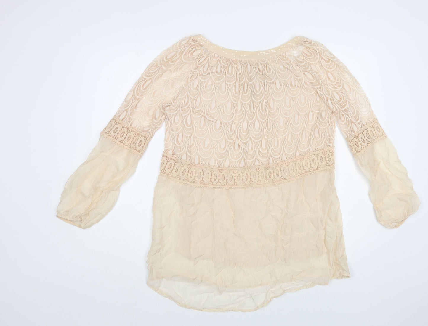 Micky Womens Pink Geometric Silk Basic Blouse Size L Boat Neck - Lace Detail