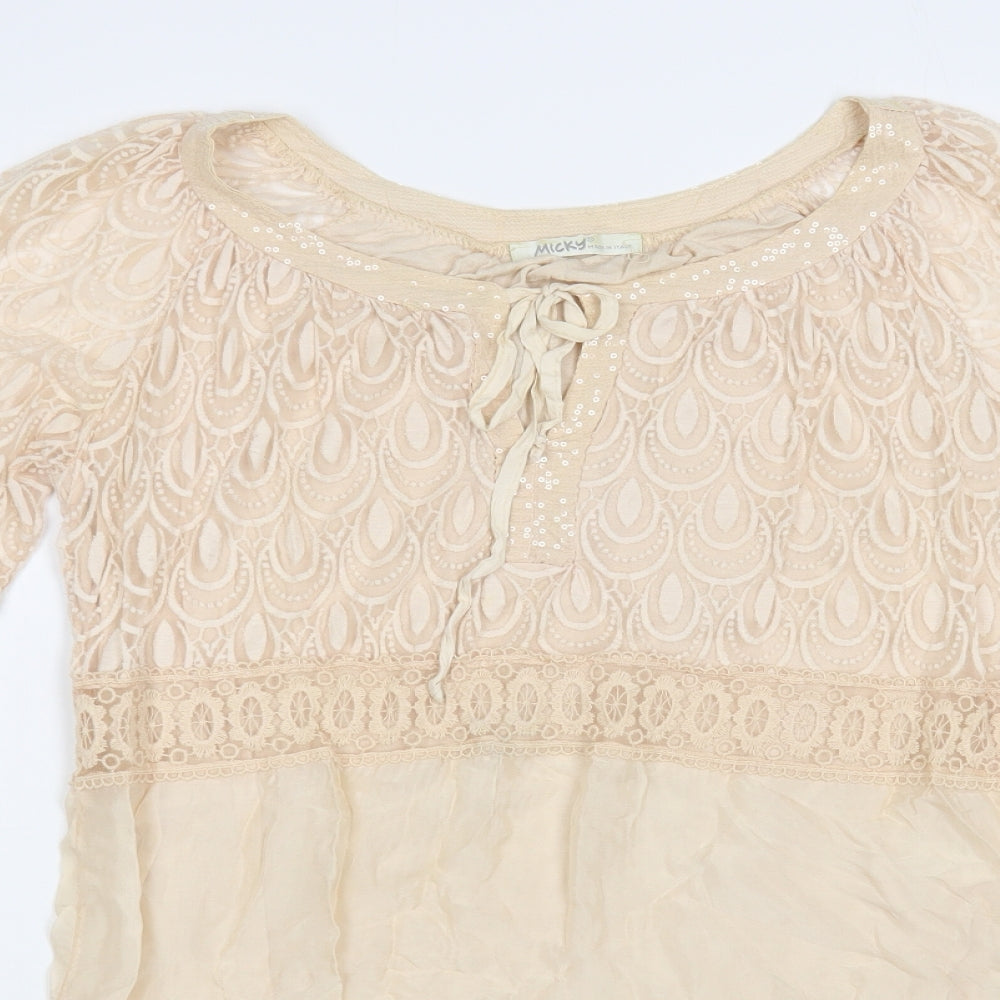 Micky Womens Pink Geometric Silk Basic Blouse Size L Boat Neck - Lace Detail