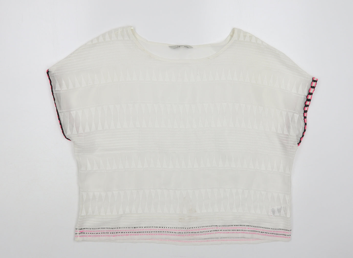 NEXT Womens White Geometric Polyester Cropped Blouse Size 12 Boat Neck