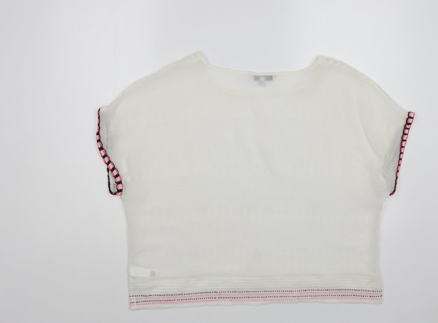 NEXT Womens White Geometric Polyester Cropped Blouse Size 12 Boat Neck