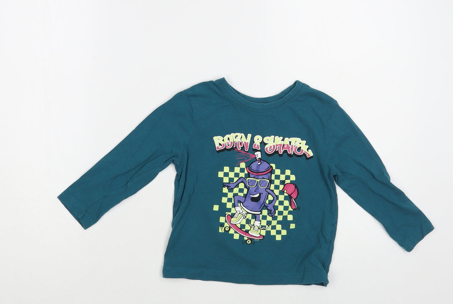 Primark Boys Green Cotton Pullover T-Shirt Size 2-3 Years Crew Neck Pullover - Skateboarding