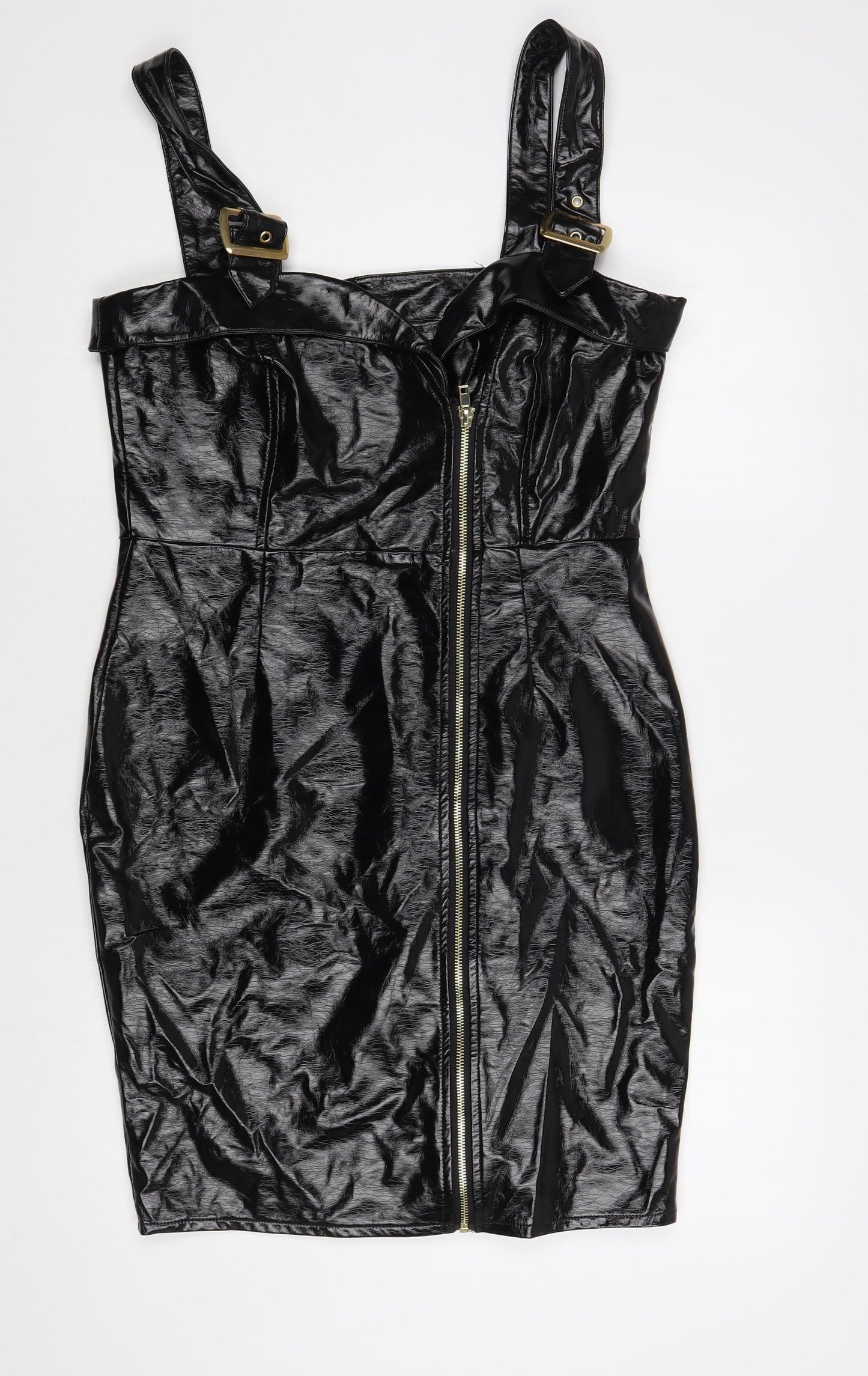 Boohoo Womens Black Polyurethane Bodycon Size 12 Sweetheart Zip - Faux Leather