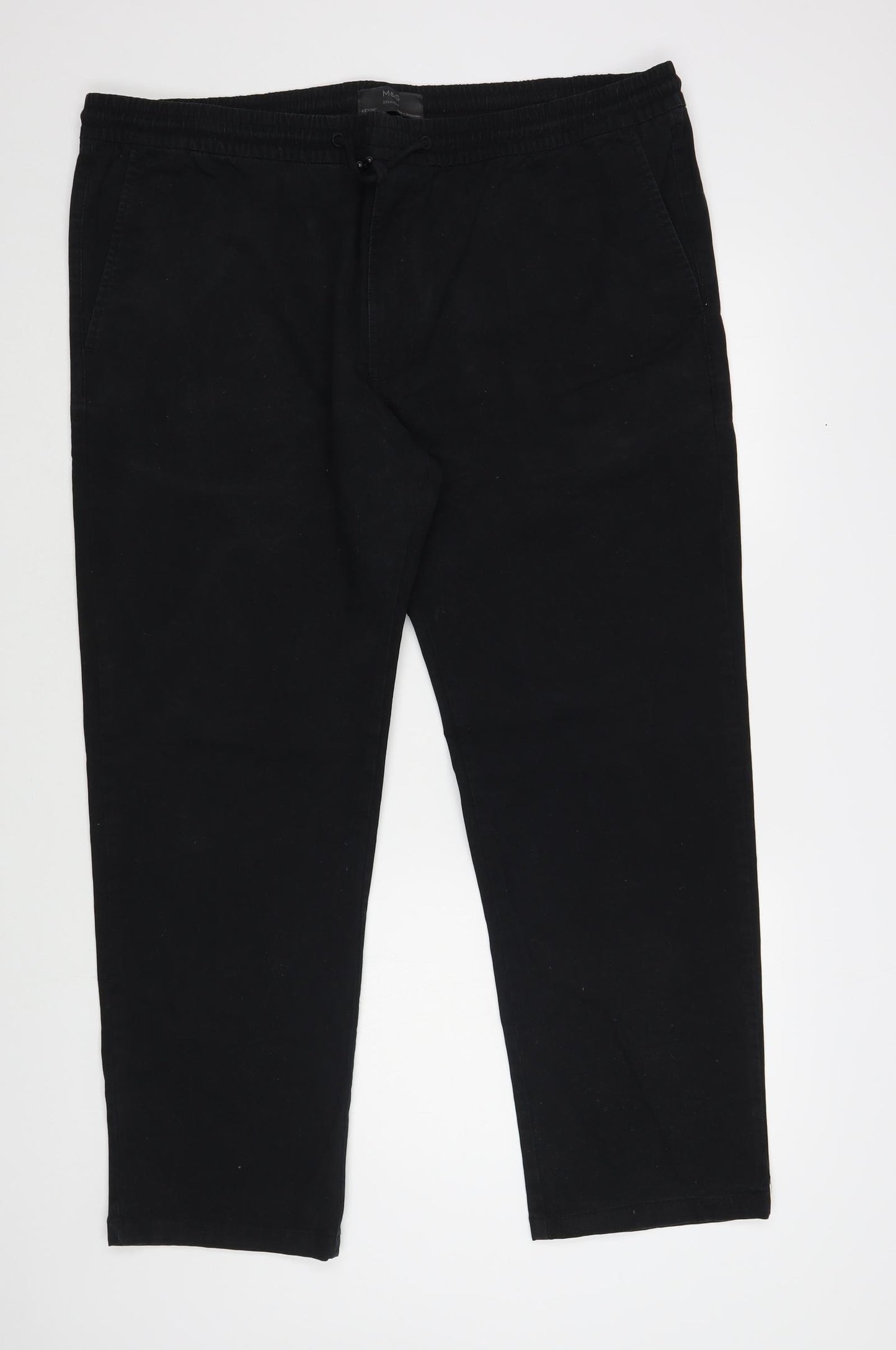 Marks and Spencer Mens Black Cotton Jogger Trousers Size 42 in L29 in Regular Drawstring