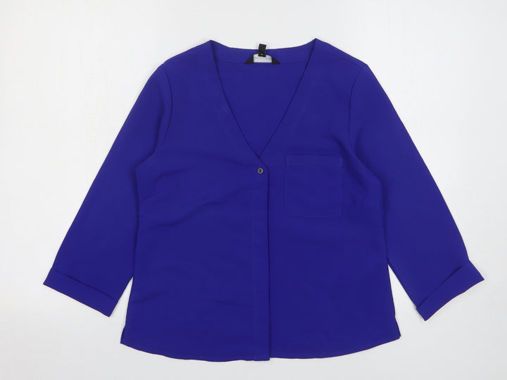 New Look Womens Blue Polyester Basic Button-Up Size 6 V-Neck