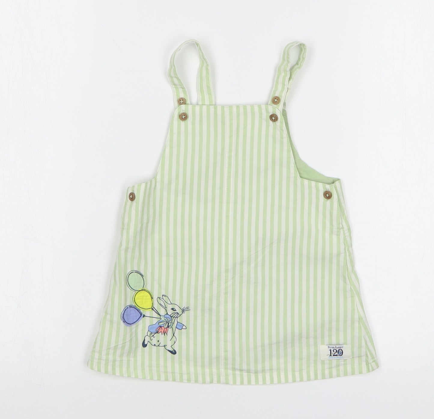 Marks and Spencer Girls Green Striped Cotton Pinafore/Dungaree Dress Size 9-12 Months Square Neck Button - Peter Rabbit