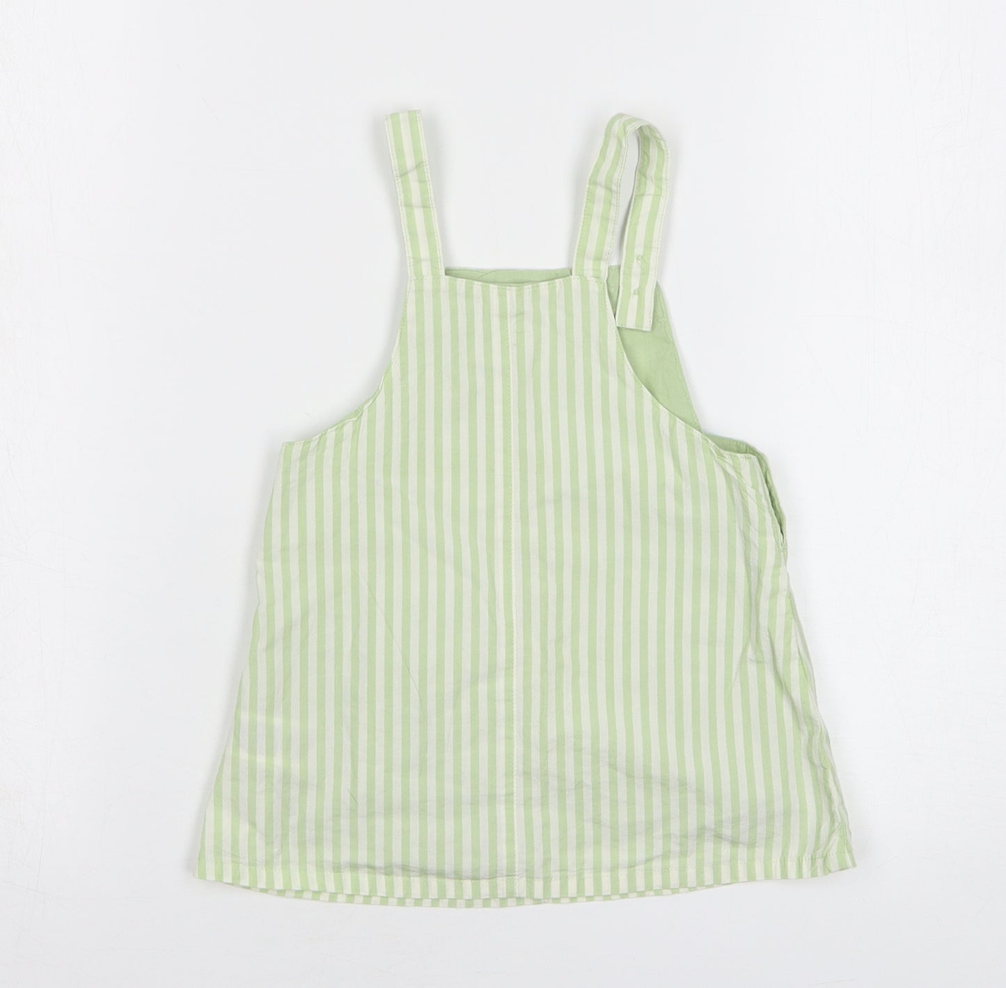 Marks and Spencer Girls Green Striped Cotton Pinafore/Dungaree Dress Size 9-12 Months Square Neck Button - Peter Rabbit
