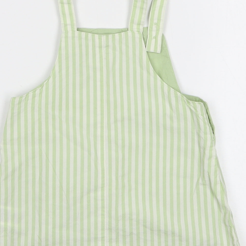 Marks and Spencer Girls Green Striped Cotton Pinafore/Dungaree Dress Size 9-12 Months Square Neck Button - Peter Rabbit