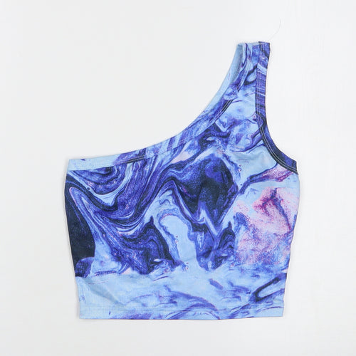 Shein Womens Blue Geometric Polyester Cropped Tank Size 6 One Shoulder - Marble Print