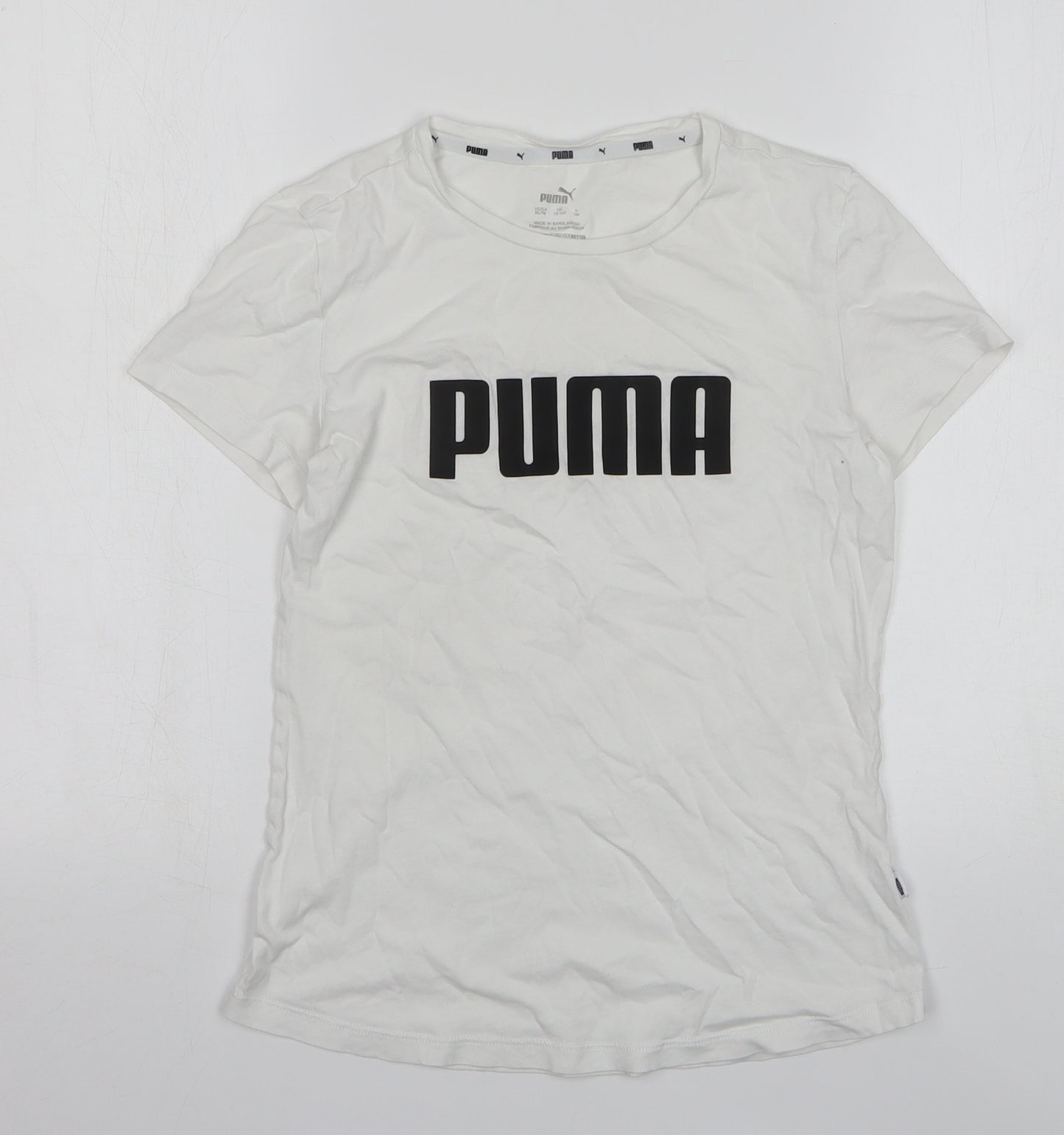 PUMA Girls White Cotton Basic T-Shirt Size 13-14 Years Round Neck Pullover