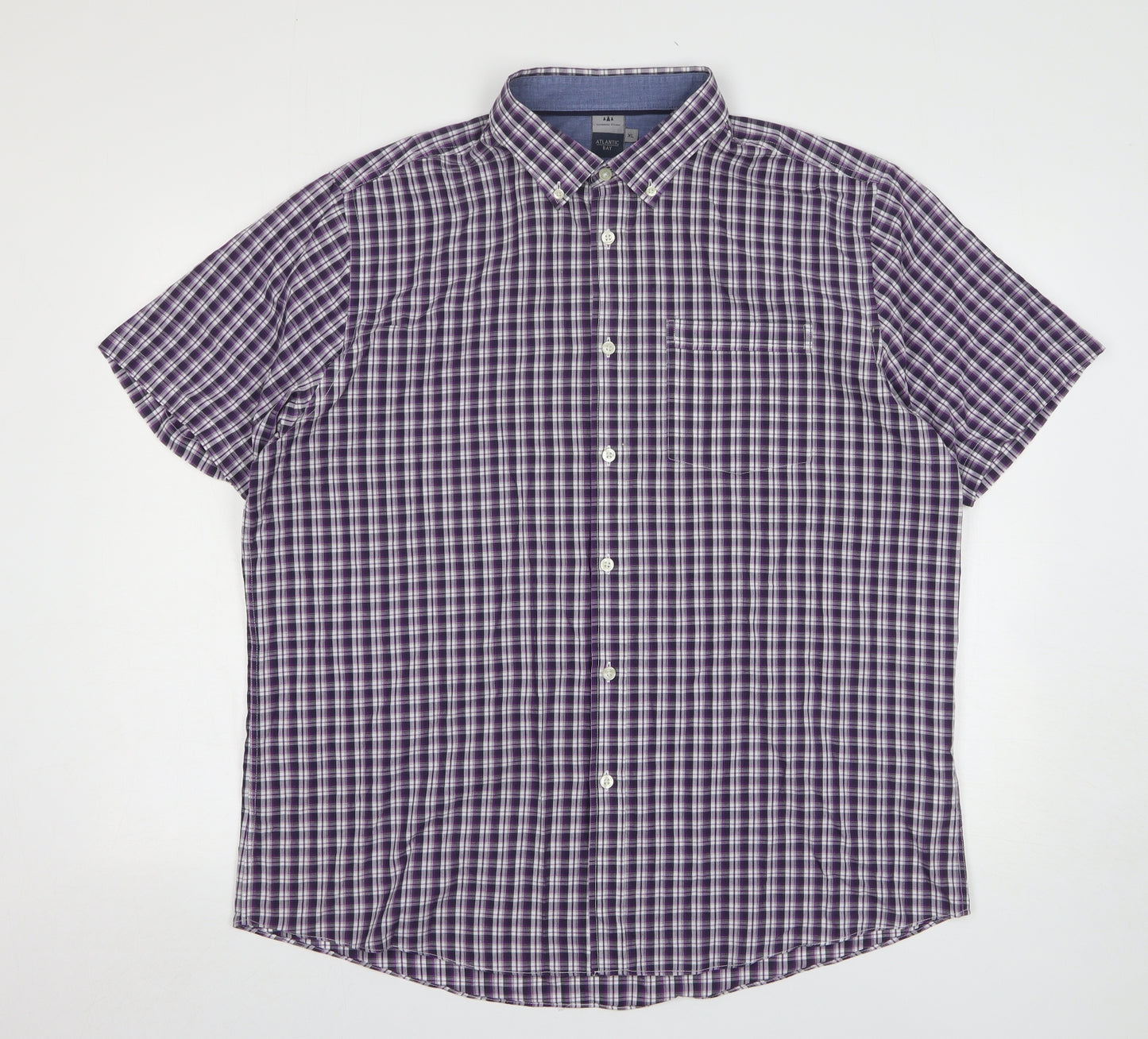 Atlantic Bay Mens Purple Check Polyester Button-Up Size XL Collared Button