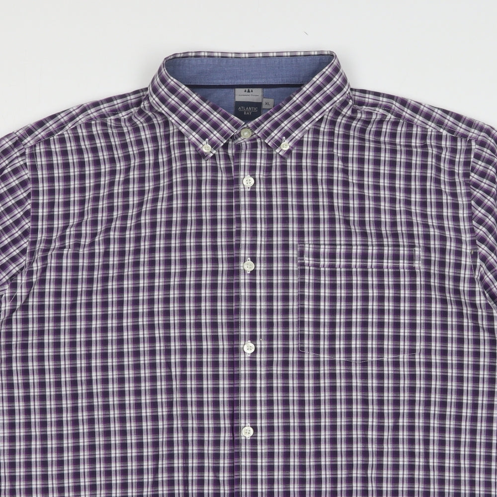 Atlantic Bay Mens Purple Check Polyester Button-Up Size XL Collared Button