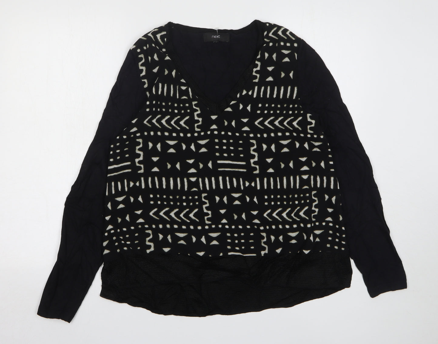 NEXT Womens Black V-Neck Geometric Cotton Pullover Jumper Size 12
