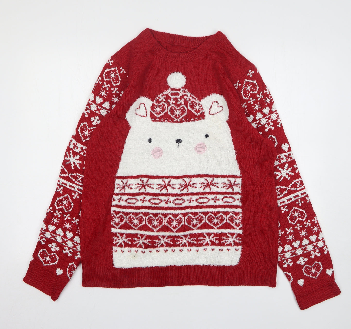 Nutmeg Womens Red Round Neck Geometric Acrylic Pullover Jumper Size 16 - Christmas