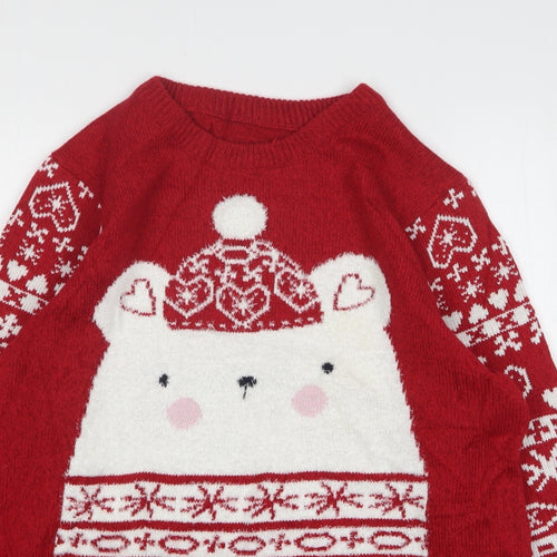 Nutmeg Womens Red Round Neck Geometric Acrylic Pullover Jumper Size 16 - Christmas