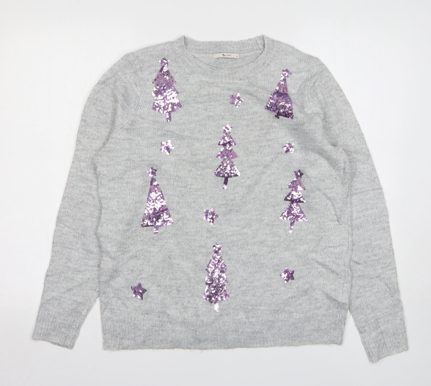 TU Womens Grey Round Neck Acrylic Pullover Jumper Size 14 - Christmas Tree