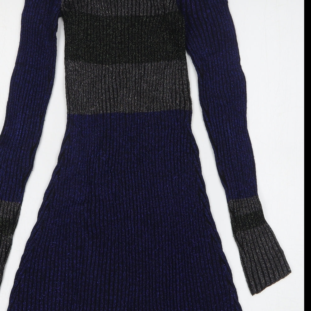 Anonymous Womens Blue Striped Wool Jumper Dress Size S Round Neck Pullover