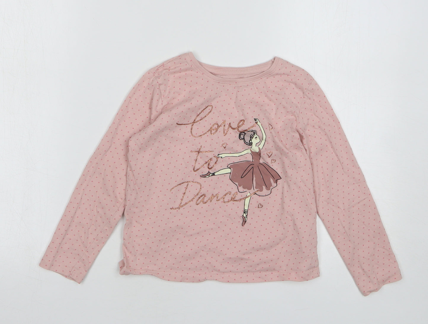 Primark Girls Pink Polka Dot Cotton Basic T-Shirt Size 5-6 Years Round Neck Pullover - Ballerina