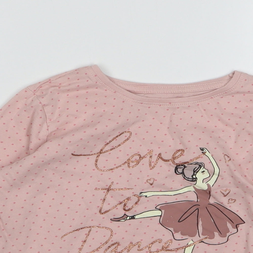 Primark Girls Pink Polka Dot Cotton Basic T-Shirt Size 5-6 Years Round Neck Pullover - Ballerina