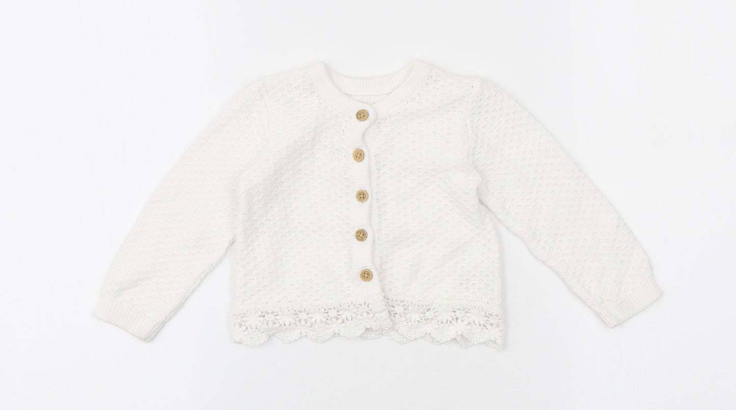 F&F Girls White Cotton Cardigan Jumper Size 9-12 Months Button - Lace trim