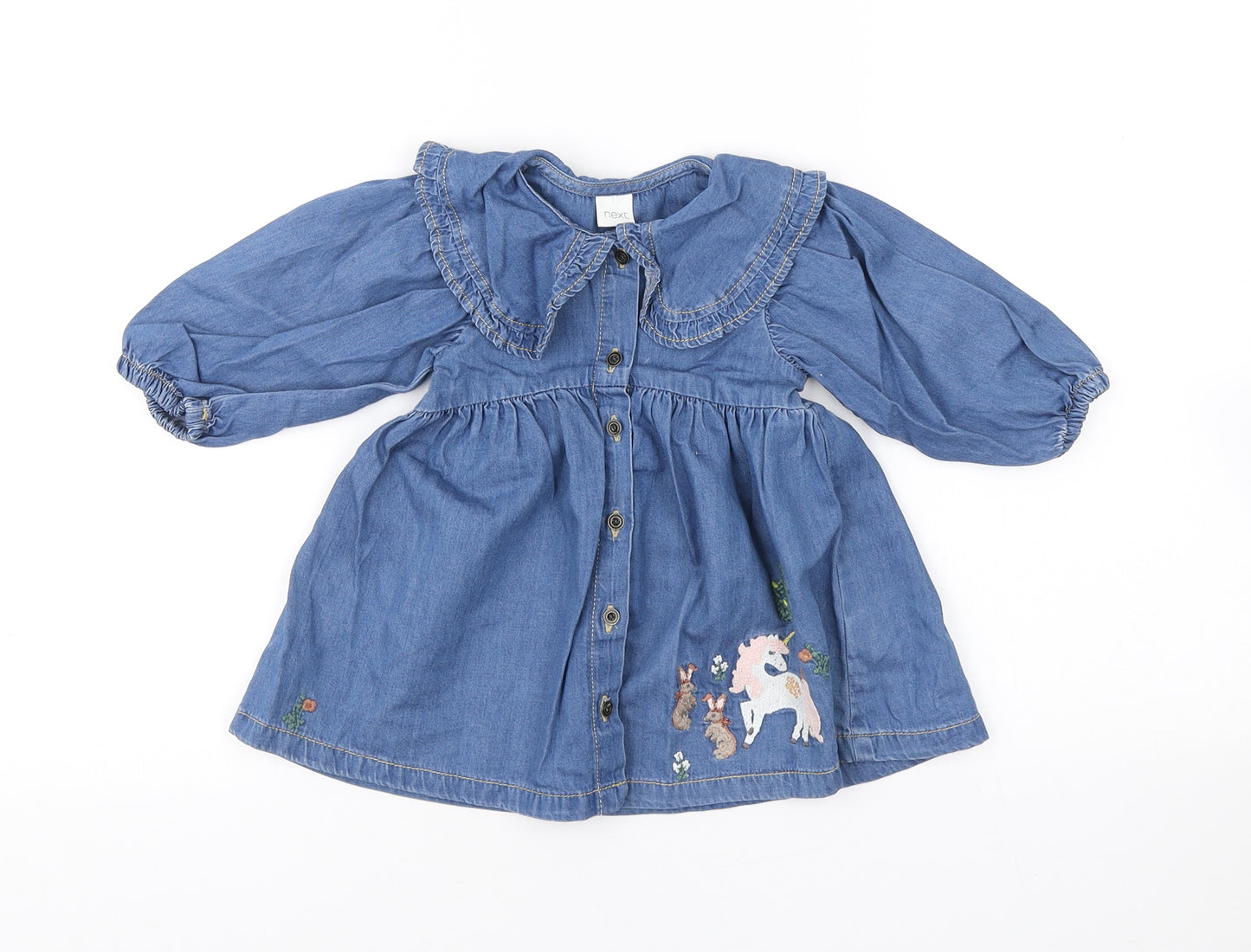 NEXT Girls Blue Cotton A-Line Size 6-9 Months Collared Button - Unicorn