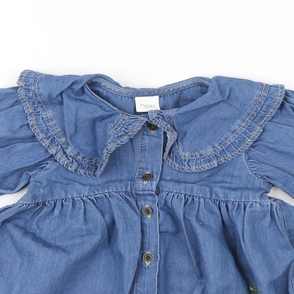 NEXT Girls Blue Cotton A-Line Size 6-9 Months Collared Button - Unicorn