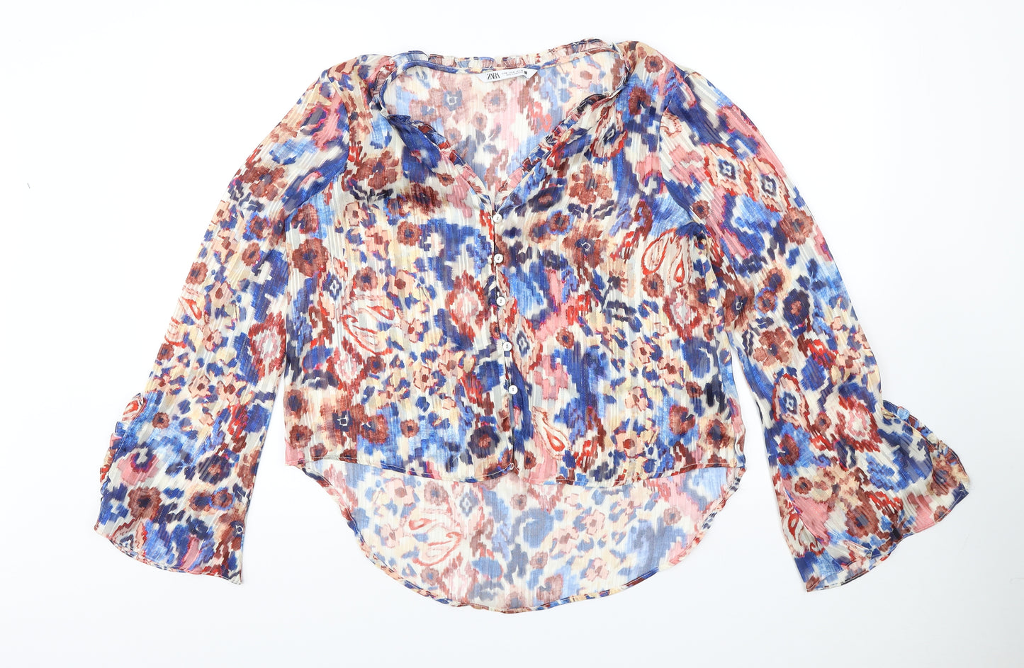 Zara Womens Multicoloured Polyester Basic Blouse Size M V-Neck - Tie dye, Flared sleeves