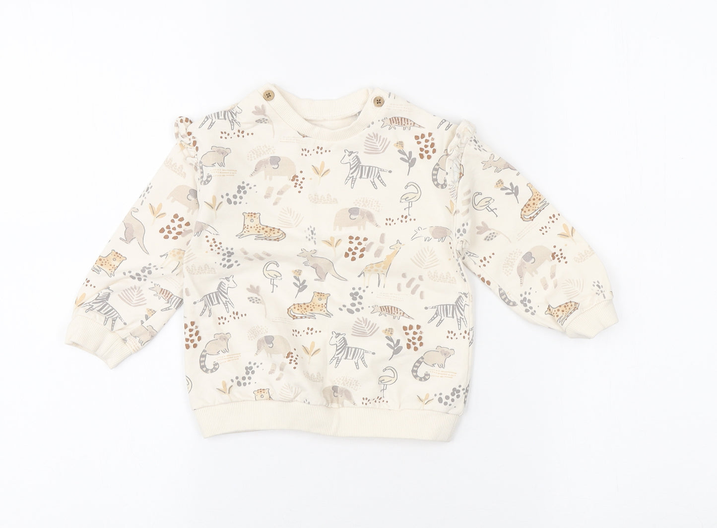 TU Baby Beige Cotton Pullover Jumper Size 9-12 Months Button - Safari Animals