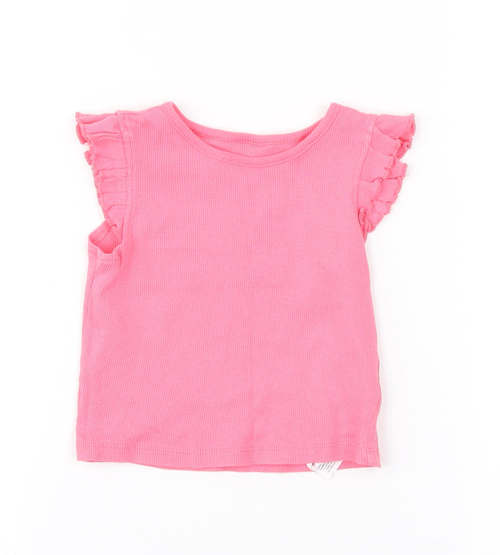 Primark Girls Pink Cotton Basic Tank Size 9-12 Months Round Neck Pullover - Ribbed Ruffled straps